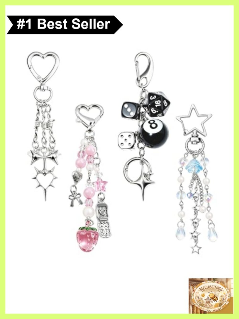 Y2K Gothic Punk Keychain Charms 4 Pc Alloy Plastic Jellyfish Heart Dice